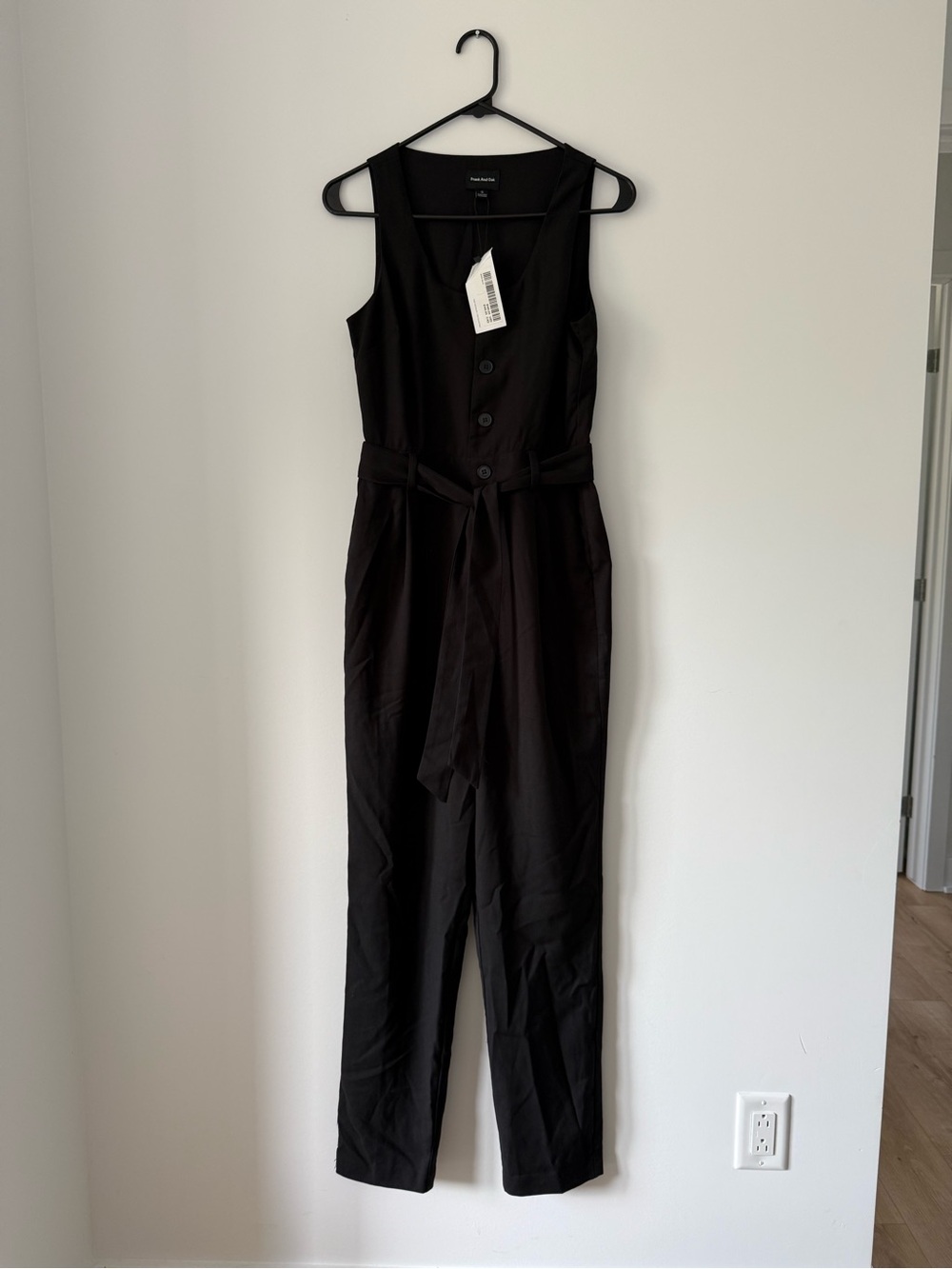 Frank & Oak Black Sleeveless Button-Front Jumpsuit with Tie Belt